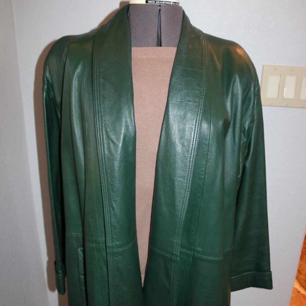 Evan Picone Green Lambskin Leather Swing Coat | 80s Vintage Open Front Womens